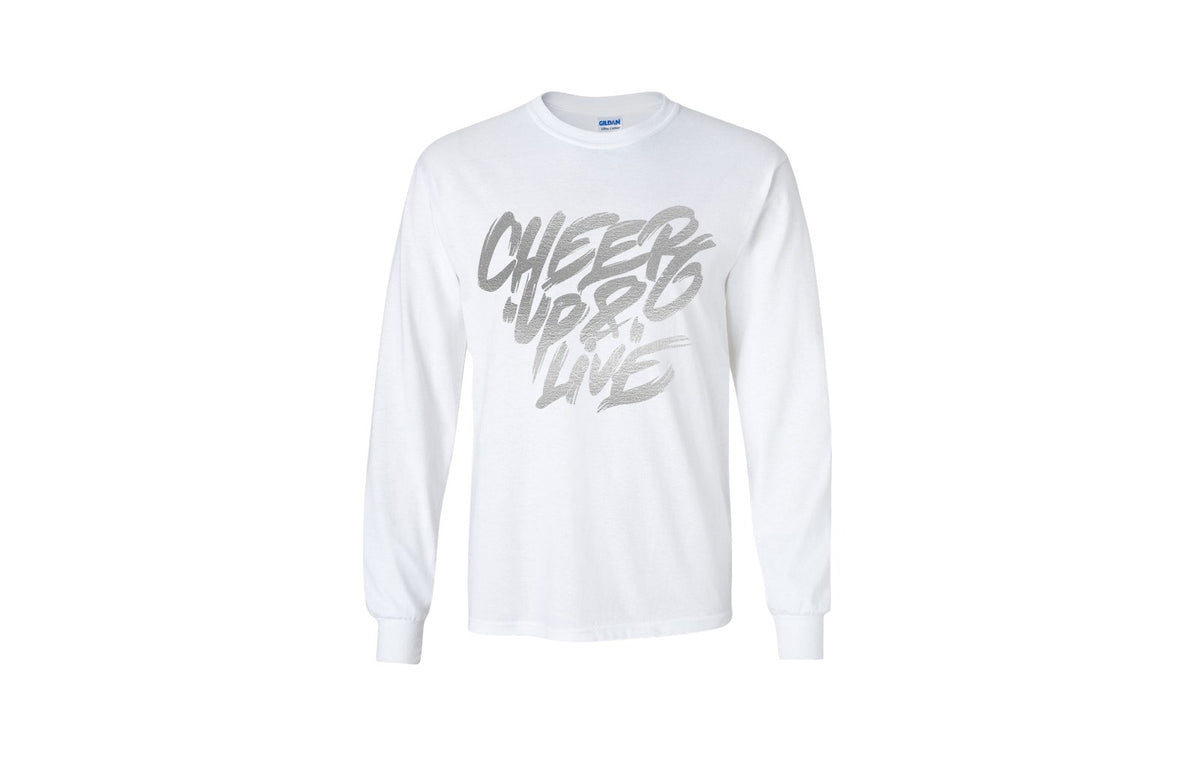 Cheer Up & Live Long Sleeve Unisex Tee (White/Metallic Silver)