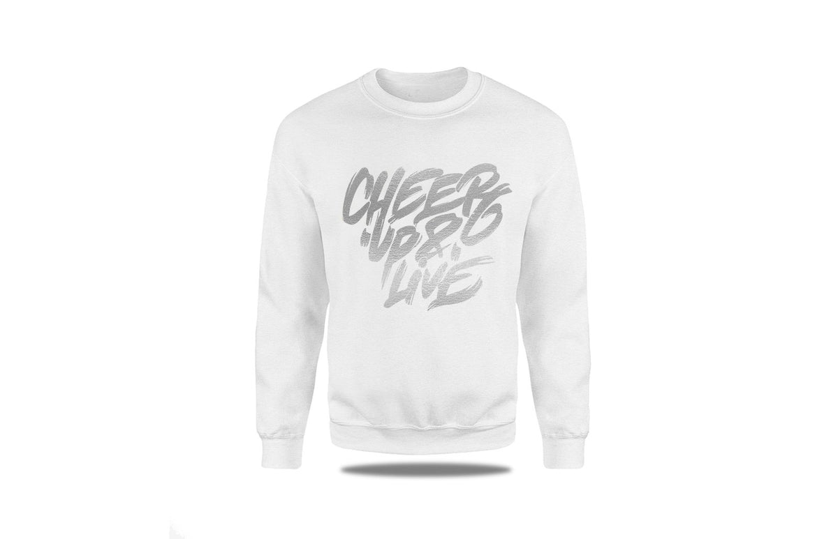 Cheer Up & Live Unisex Crewneck (White/Metallic Silver)