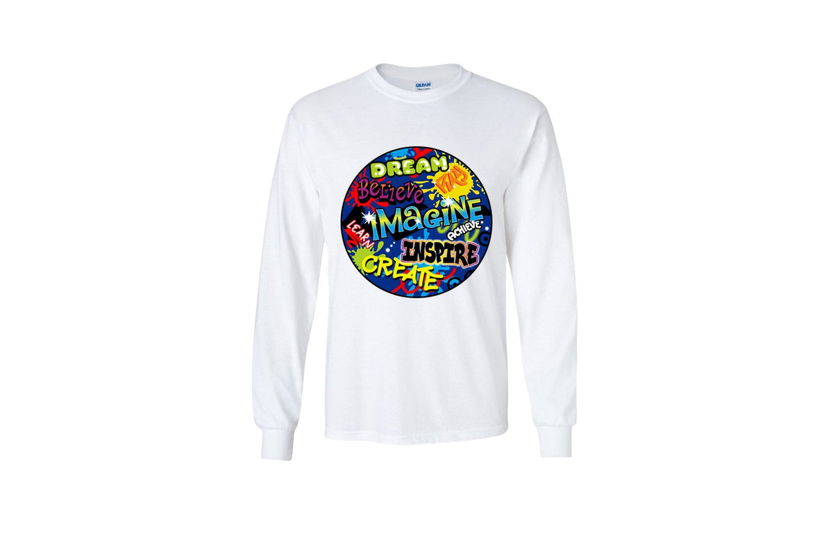 Dream Imagine & Inspire Long Sleeve Unisex Tee (White/Multi)